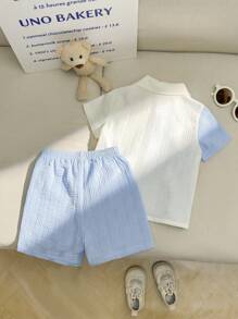 Set 2 piese pentru bebeluși băieți, copii mici/nou-născuți, 0-3 ani, primăvară/vară, casual, texturat, tricotat, cu dungi, jachetă, haină de exterior și pantaloni scurți, culoare contrastantă albastru și alb - Albastru si alb - Vizualizare 3