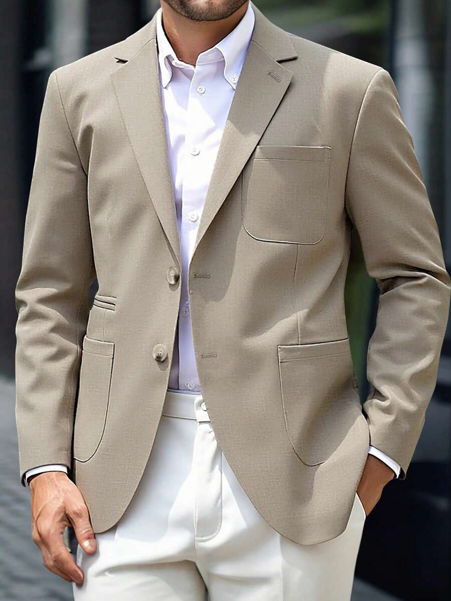 Manfinity Bizformal Solid Color Front Button Pocket Business Casual Long Sleeve Blazer - Khaki - View 1