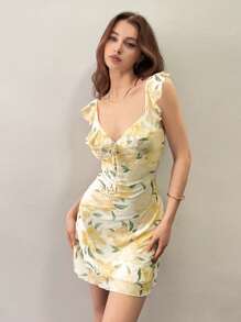 SHEIN EZwear 女士休闲花卉印花迷你连衣裙，夏季 - 黃色 - 查看 8