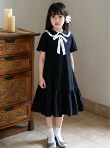Girls' Casual Stylish School Style Short Sleeve Loose Mid-Length Colorblock Bow Decor Dress - Black - View 1