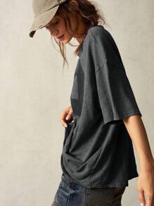 Bohemela Camiseta de manga corta holgada de cuello redondo de punto de unicolor informal lavada de talla grande - Negro - Ver 7