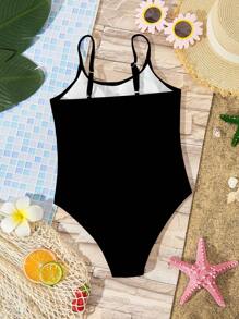 Tween Girls Black Minimalist Camisole One-Piece Swimsuit, Suitable For Summer Cool Wear Collection, Family Outing Season, Beach Mode On, Vacation Accessories, Tween Girl Swimwear, Vacay Romance - Black - View 2