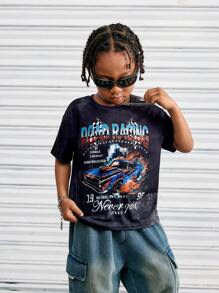 SHEIN Kids Young Boy Casual Versatile And Comfortable Racing Letter Print Pattern Round Neck Pullover Loose Short Sleeved Knitted T-Shirt Suitable For Commuting To School, Daily Leisure Vacation Travel, Suitable For Sports, Suitable For Spring And Summer Festivals