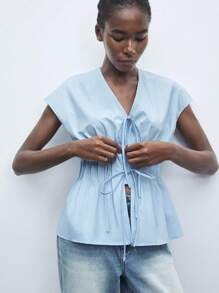 Maija 2025 Autumn/Winter New Blue Front Tie Bow Waist Pleated Shoulder Puff Sleeve Women's Blouse, Fashion, Elegant, Urban Romantic, Western Punk, Y2K, Country Music Festival, Vintage, Korean, Airport Travel, Street, Wedding Guest, Birthday, Halloween, Business Casual, Office, Date, Party, Outing, Back To School