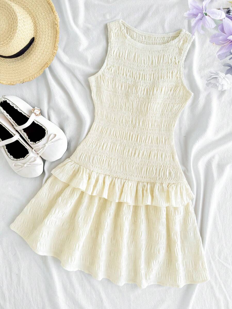 SHEIN 女童杏色喇叭荷叶边迷你连衣裙，休闲百搭，适合外出和返校穿着 - 杏色 - 查看 1