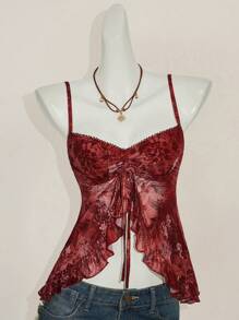 SHEIN ICON Top de tirantes tipo bata con estampado floral, volantes y escote en V, estampado de paisley al estilo bohemio de Hawai, fashionable y sexy para el verano