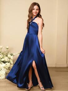 SHEIN 婚礼季女童高端修身露背亮缎连衣裙，适合舞会、婚礼、生日派对、圣诞节、万圣节、感恩节