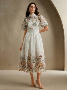 Anewsta Váy ngắn chữ A tay bồng họa tiết hoa nhỏ nhắn dành cho nữ, mùa xuân/hè - trắng - Xem 6