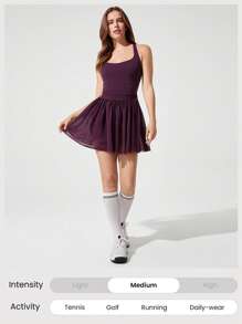 GLOWMODE FeatherFit™-Air Winning Streak 速干 Peekaboo 交叉肩带 Peekaboo 内置罩杯 芭蕾风格褶皱网眼连衣裙，防滑手柄 低冲击网球 高尔夫 匹克球 日常穿着 - 櫻桃可樂 - 查看 8