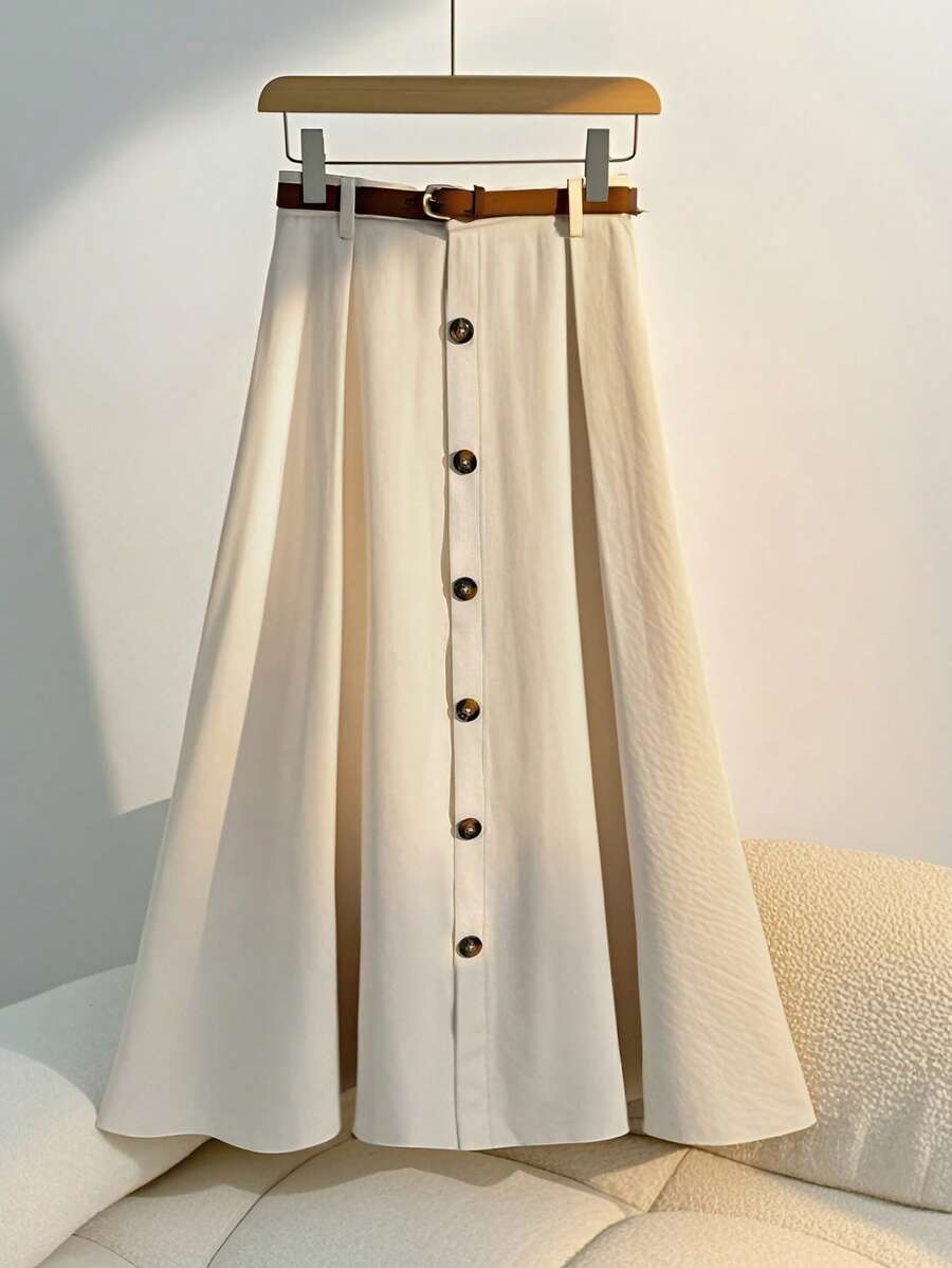 Franclia 时尚休闲百搭 A 字形褶皱纯色年轻女士裙子，春夏 - 杏色 - 查看 1