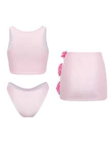 Swim Oasis 3pcs/Set Elegant Women's Swimsuit With Light Pink Floral Decoration, Casual Beach Wear For Summer Beach Vacation