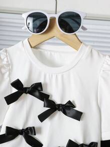 Girls Elegant Solid All-Match Versatile 3D Bow Ruffle Short Sleeve Cropped Knit T-Shirt + Fitted Flare Pants Knit Set - Black - View 4