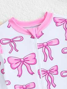 SHEIN 女婴蝴蝶印花荷叶边盖袖拉链连体泳衣 - 粉色 - 查看 5