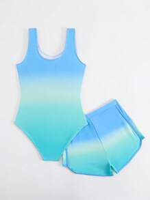 SHEIN 2件套可爱渐变女童连体泳衣和短裤套装（印花版）