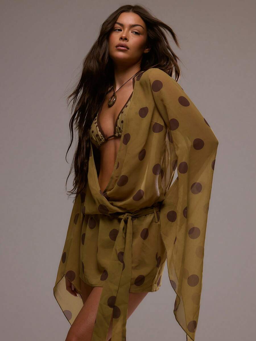 Musera Resort Áo khoác lưới xuyên thấu chấm bi tương phản, dễ thương, vui nhộn, tinh tế, nghịch ngợm, gợi cảm, thích hợp cho mùa xuân hè, đi biển, mùa thu, dự tiệc, ngày lễ. - Nhiều màu - Xem 1