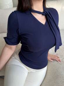 Dazy Plus 纯色弹力修身抽绳领短袖夏季T恤 - 藏蓝色 - 查看 4