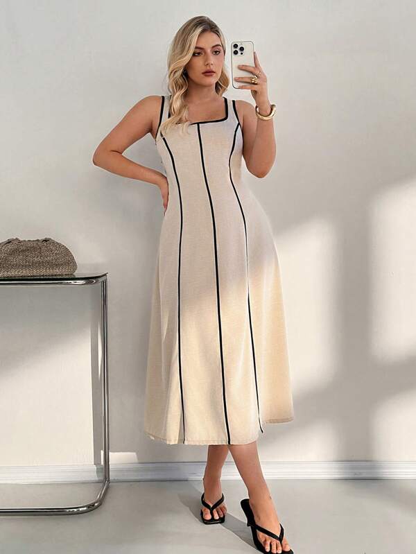 Auralis Vestido largo de mujer de talla grande con ribete a contraste, de moda para uso diario, para el verano