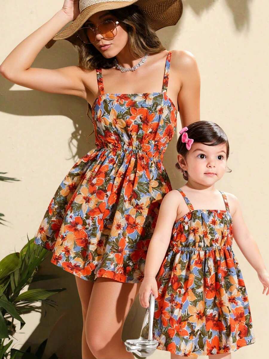 Babygirl Floral Print Mom And Me Matching Dress Vacation Outfits, Summer