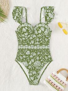 SHEIN Swim 1pc Vacation Beach Print Random One-Piece Swimsuit For Summer - Green - View 4