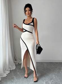 Chiquease French Elegant Waist-Gathered Ruffle Splice Backless Slit Bodycon Dress For Women - Apricot - View 4