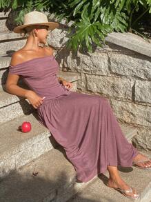 Livesso 女士两件套：无袖上衣和裤子，露肩上衣，度假风 - 中紫紅色 - 查看 4