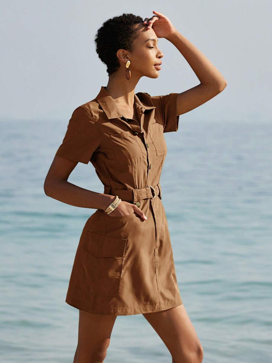 Aveloria Affinna Olivgrünes, vintage-amerikanisches, legeres, minimalistisches Streetwear-Militär-Kurzarmkleid mit Gürtel und Knöpfen für Frauen