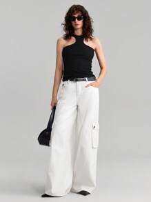Ontre Women's White Jeans Low-Rise Overalls Comfortable Lightweight Denim Wide Leg Pants Summer Streetwear - White - View 2