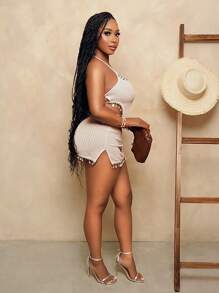 BamGleam Conjunto de dos piezas con flecos de concha color albaricoque para vacaciones - Albaricoque - Ver 8