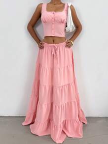 SHEIN EZwear 2pcs/Set Women Summer Casual Front Button Up Top And Ruffle Hem Skirt Set - Pink - View 3