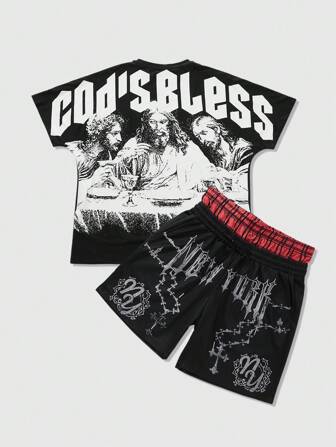 Street Life 2 pièces/set T-shirt à manches courtes et short pour hommes, imprimé rue Jésus, convient pour un port quotidien, printemps/été