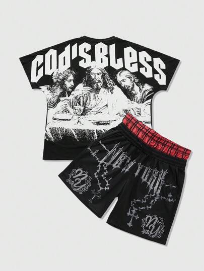 Street Life 2 Stücke/Set Herren Jesus Straßendruck Kurzarm T-Shirt und Shorts Anzug, geeignet für den täglichen Gebrauch, Frühling/Sommer