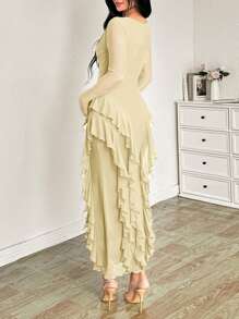 Modelyn Women's Elastic Mesh Loose Collar Ruffle Hem Bodycon Elegant Dress, Spring/Summer - Light Yellow - View 2