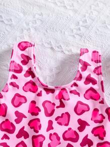 SHEIN Babygirl 夏季可爱休闲针织粉色豹纹泳衣 - 粉色 - 查看 4