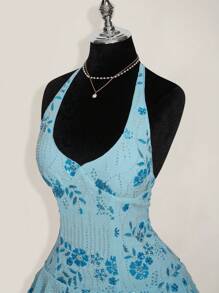 SHEIN ICON Váy ngắn hở lưng cổ chữ V thêu hoa văn jacquard đính hạt màu xanh mừng sinh nhật dành cho nữ - Màu xanh lam - Xem 10