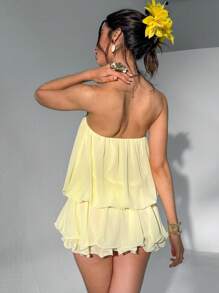 Aloruh Đầm suông hở vai siêu ngắn màu trắng gợi cảm giản dị cho nữ màu xanh - Màu vàng - Xem 2