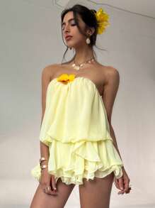 Aloruh Đầm suông hở vai siêu ngắn màu trắng gợi cảm giản dị cho nữ màu xanh - Màu vàng - Xem 3