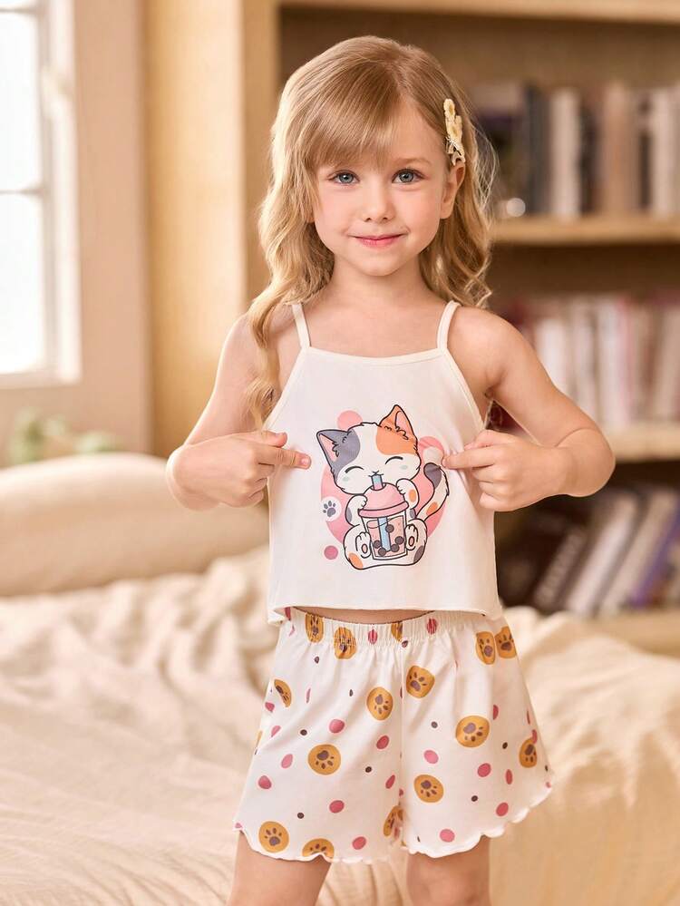 SHEIN 3 Sets Girls Cartoon Camisole & Shorts Pajama Sets - Pink - View 10