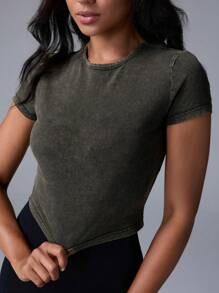 Menodora SHEIN Sport Cloudkiss 100% Cotton Casual Knit Crew Neck Short Sleeve Fitted Cropped Washed Women T-Shirt - Army Green - View 4