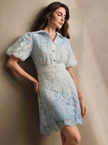 Anewsta Elegant Collared Bubble Sleeve Gradient Lace Print Rhinestone Button Waist Cinched Summer Women's Mini Dress - Baby Blue - View 1