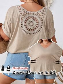 SHEIN CURVE+ 大码女式纯色露背V领短袖休闲T恤上衣，适合夏季/乡村/海滩度假/沙滩穿着 - 棕色 - 查看 1