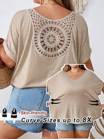 SHEIN CURVE+ Plus Size Women's Solid Color Hollow Back V-Neck Bating Short Sleeve Casual T-Shirt Top Summer/Country/Beach Vacation/Beach Wear
