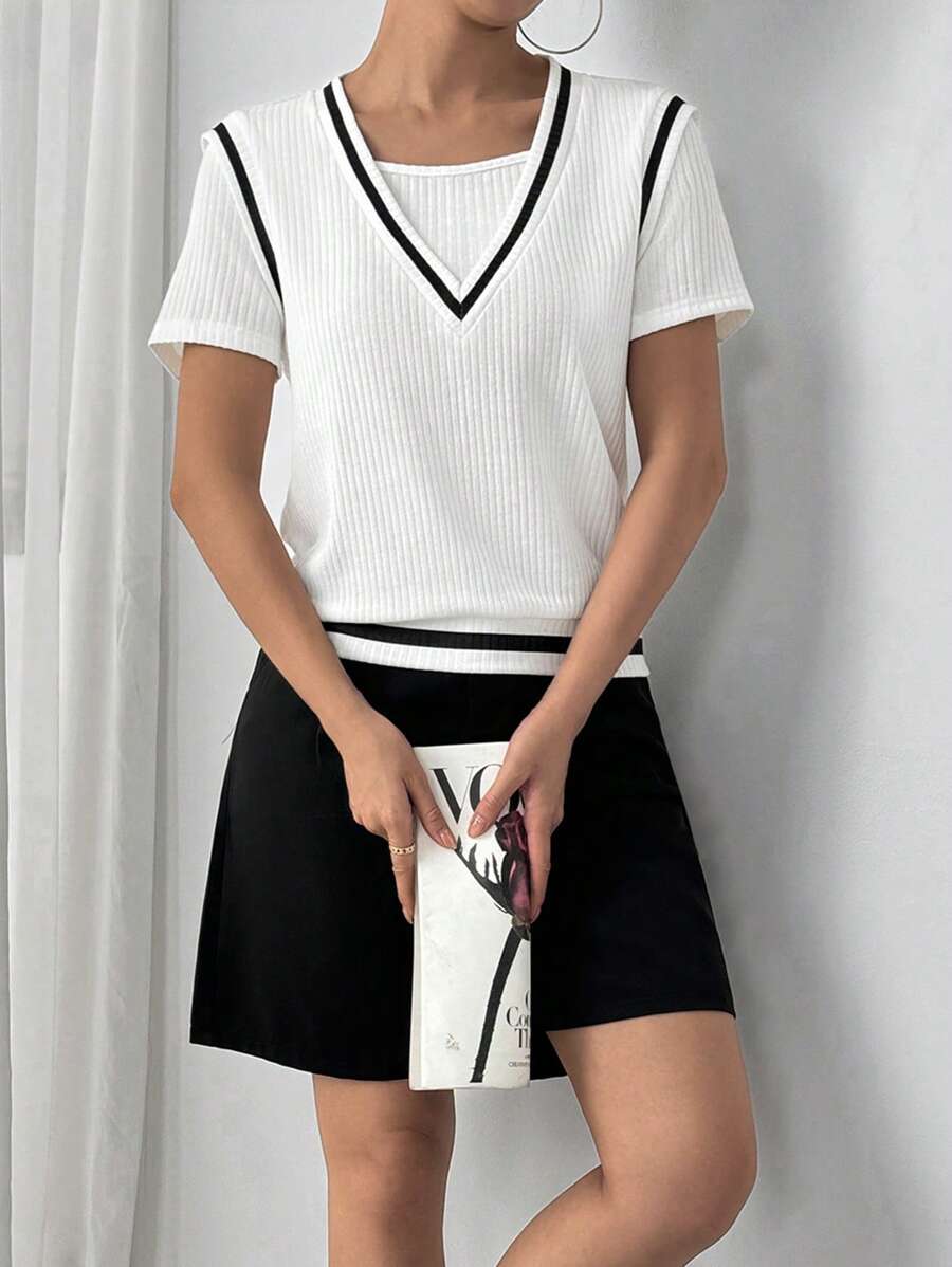 SHEIN LUNE Women's Summer Loose Round Neck Contrast Color Patchwork V-Neck Sleeveless Sweatshirt,Graduation,Teacher,Back To School Pullover Fall - Black and White - View 1