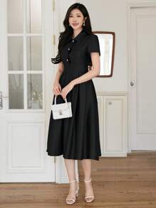 DAZY Solid Color Collar Pleated Puff Sleeve Midi Dress For Women - Black - View 4