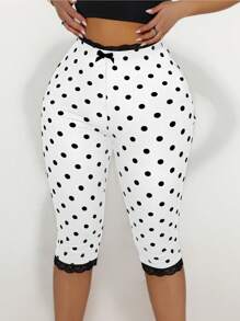 Sirith Women's Lace Trim Bow Polka Dot Print Capri Leggings - White - View 3