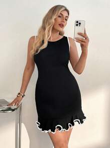 Auralis 大码女装春夏时尚优雅高弹舒适日常可爱黑色无袖修身短裙、黑色曲线裙、欧洲夏季、荷叶边裙、女士优雅服装、女士早午餐服装、办公室服装