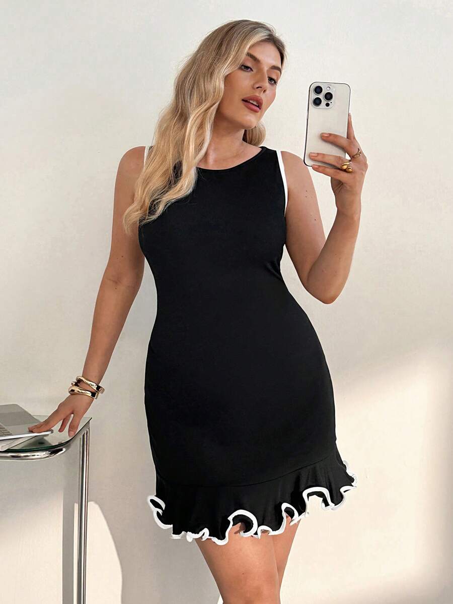 Auralis 大码女装春夏时尚优雅高弹舒适日常可爱黑色无袖修身短裙、黑色曲线裙、欧洲夏季、荷叶边裙、女士优雅服装、女士早午餐服装、办公室服装