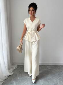 SHEIN Unity 2pcs/Set Women Solid Color Minimalist Short Sleeve Top And Pants - Apricot - View 3