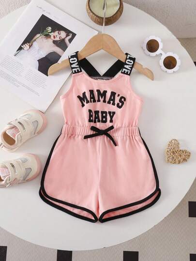 SHEIN Babygirl 夏季可爱休闲字母印花撞色无袖连体衣