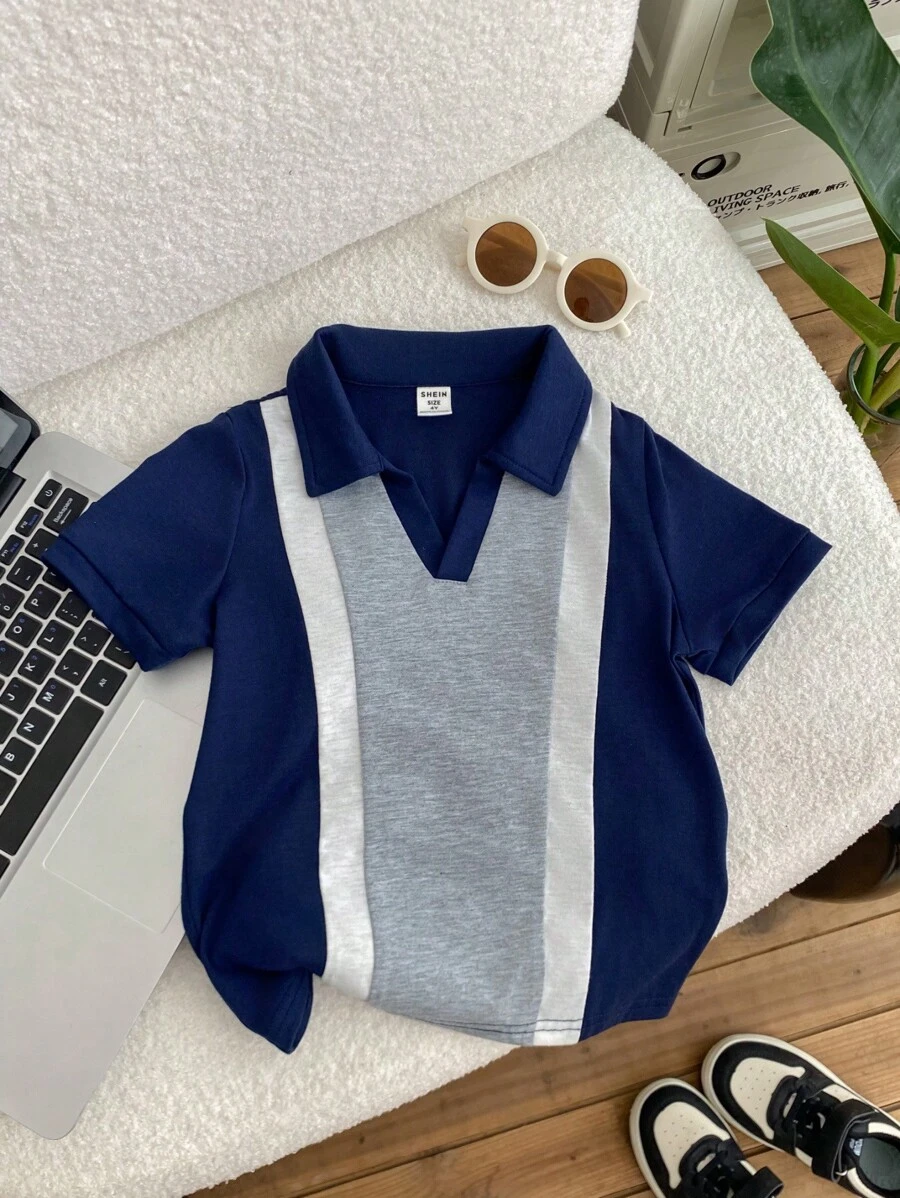 1 件年轻男孩休闲学院风经典拼色设计 Polo 衫，适合日常穿着、上学、旅行、运动、所有季节春夏秋冬 - 彩色 - 查看 1