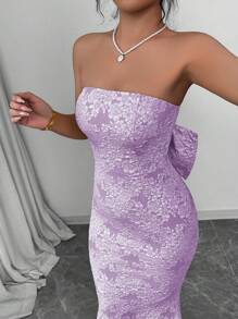 Elenzga Vestido escote en V profundo con patrón floral en relieve y lazo sobredimensionado en la espalda - Morado - Ver 7
